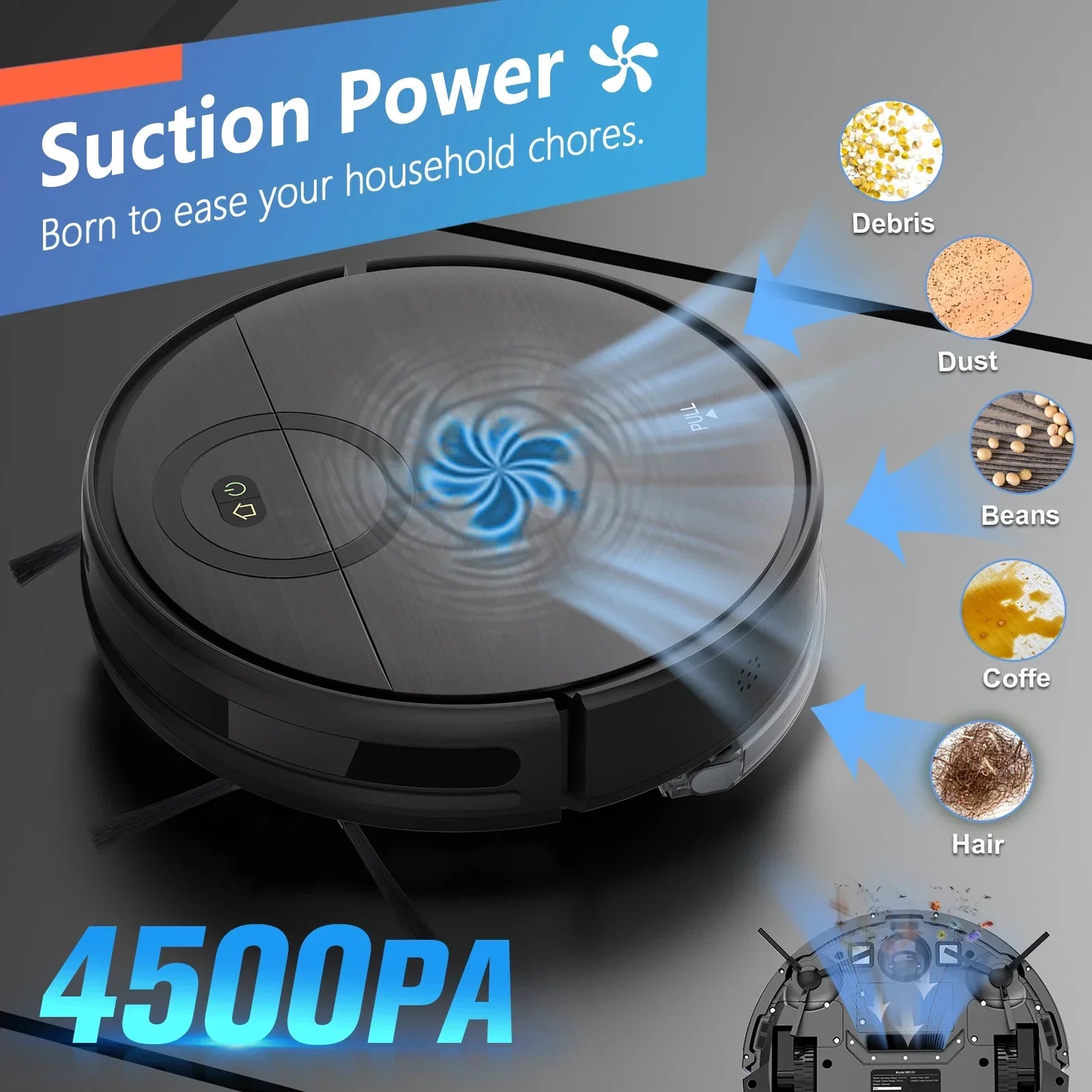 Robot Vacuum Cleaner 4500Pa Smart Home Sweeper Cleaning Machine