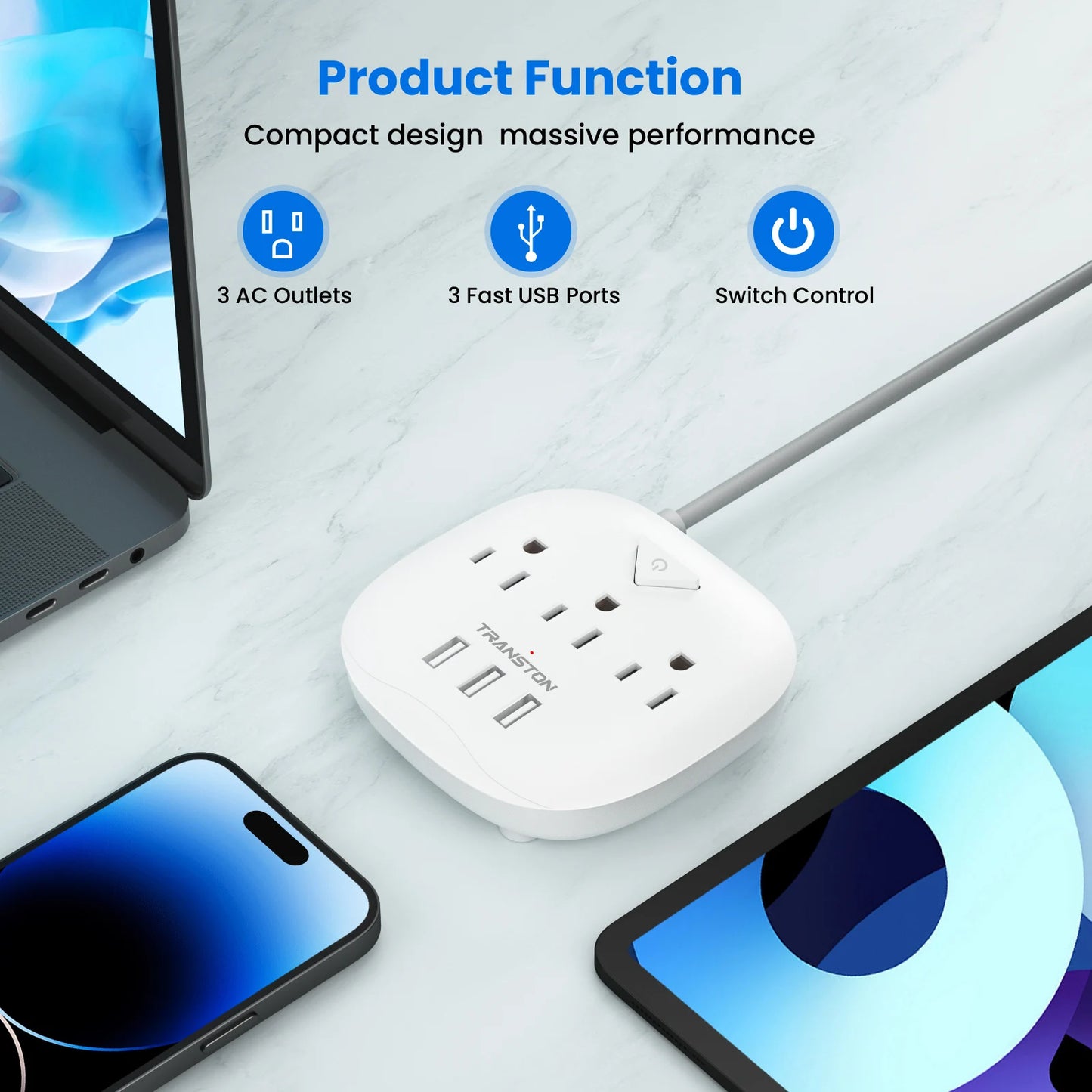 TRANSTON Power Strip with Switch – 3 Outlets & 3 USB Ports Safe, Fast, and Convenient Power for Home & Office.