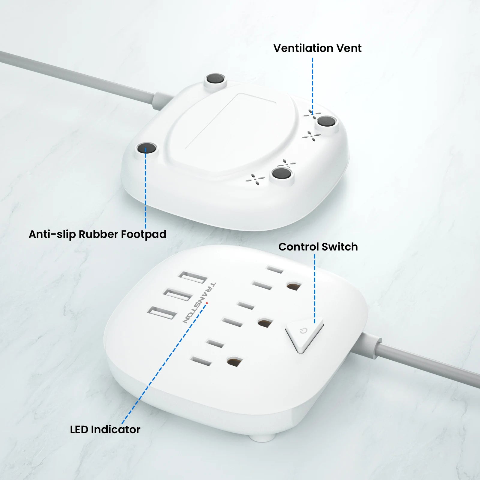 TRANSTON Power Strip with Switch – 3 Outlets & 3 USB Ports  Safe, Fast, and Convenient Power for Home & Office.