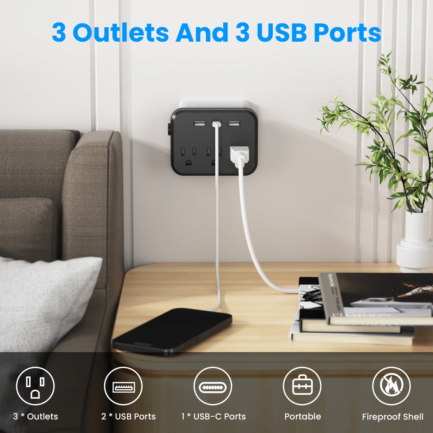 TRANSTON Mini Portable Power Strip – 6-in-1 with Surge Protector Compact, Smart, and Multi-Device Charging for Home & Travel.