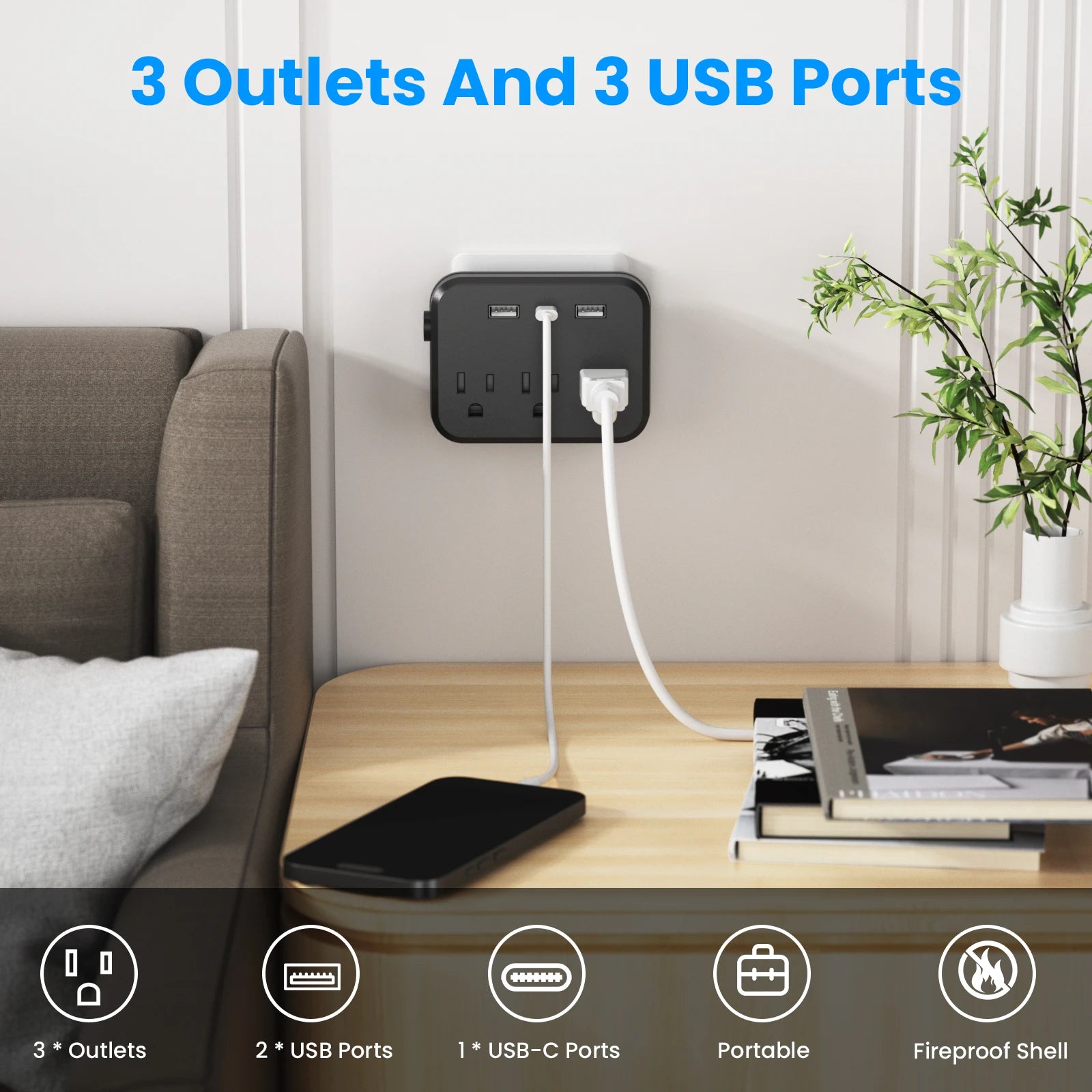 TRANSTON Mini Portable Power Strip – 6-in-1 with Surge Protector  Compact, Smart, and Multi-Device Charging for Home & Travel.