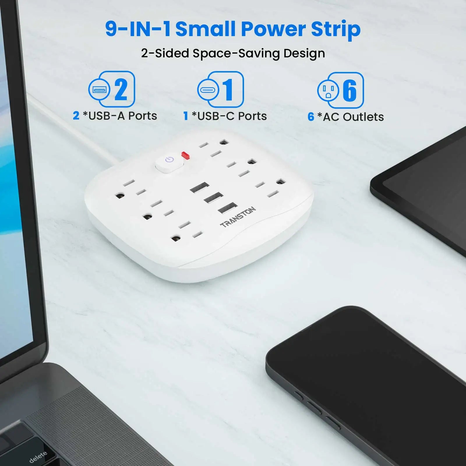 TRANSTON Power Outlet with Surge Protector – 6 Outlets & 3 USB Ports  Safe, Convenient, and Multi-Device Charging for Home & Office.