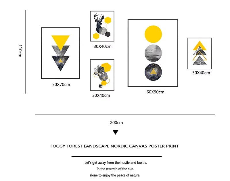 Abstract Grey Yellow Geometric Triangles Nordic Deer Wall Art