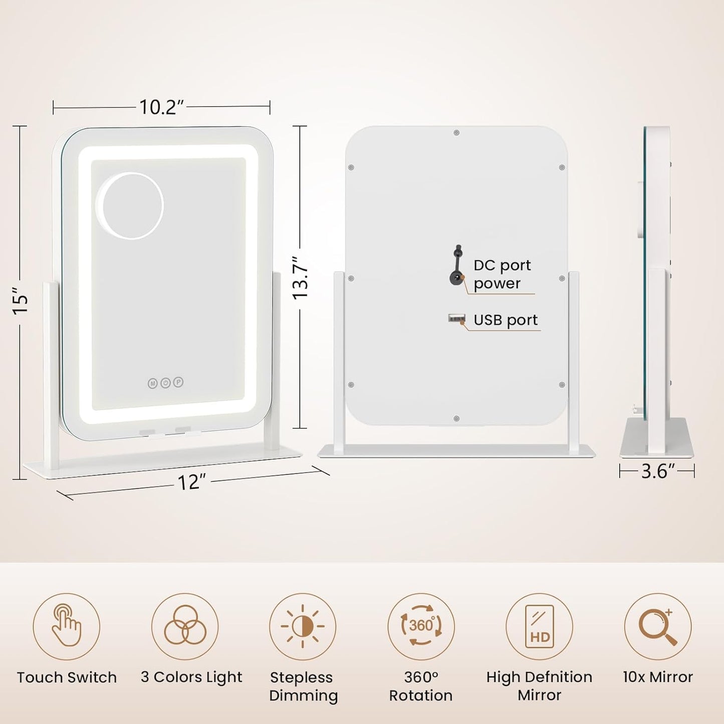 Smart Touch Control LED Lighted Makeup Mirror with 12V 2A USB Charging Port
