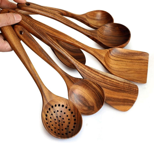 7pcs/set Teak Natural Wood Tableware Spoon