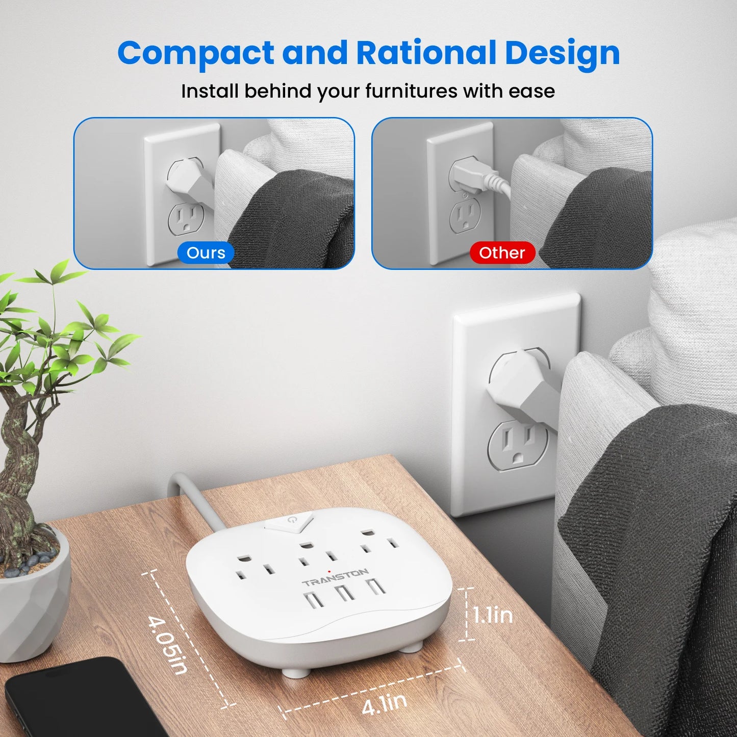 TRANSTON Power Strip with Switch – 3 Outlets & 3 USB Ports  Safe, Fast, and Convenient Power for Home & Office.