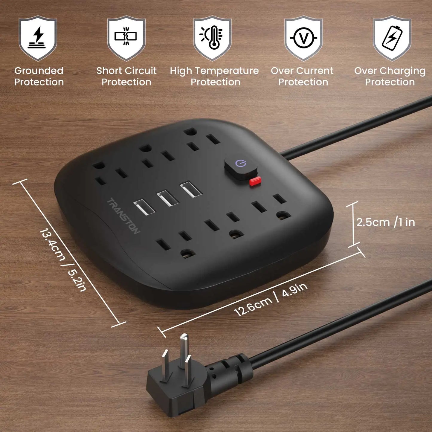 TRANSTON Power Strip with Surge Protector – 6 Outlets & 3 USB Ports