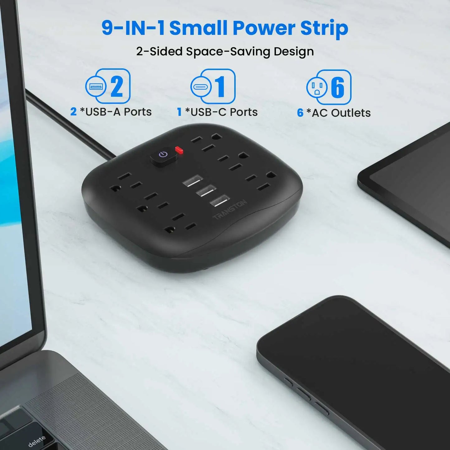 TRANSTON Power Strip with Surge Protector – 6 Outlets & 3 USB Ports