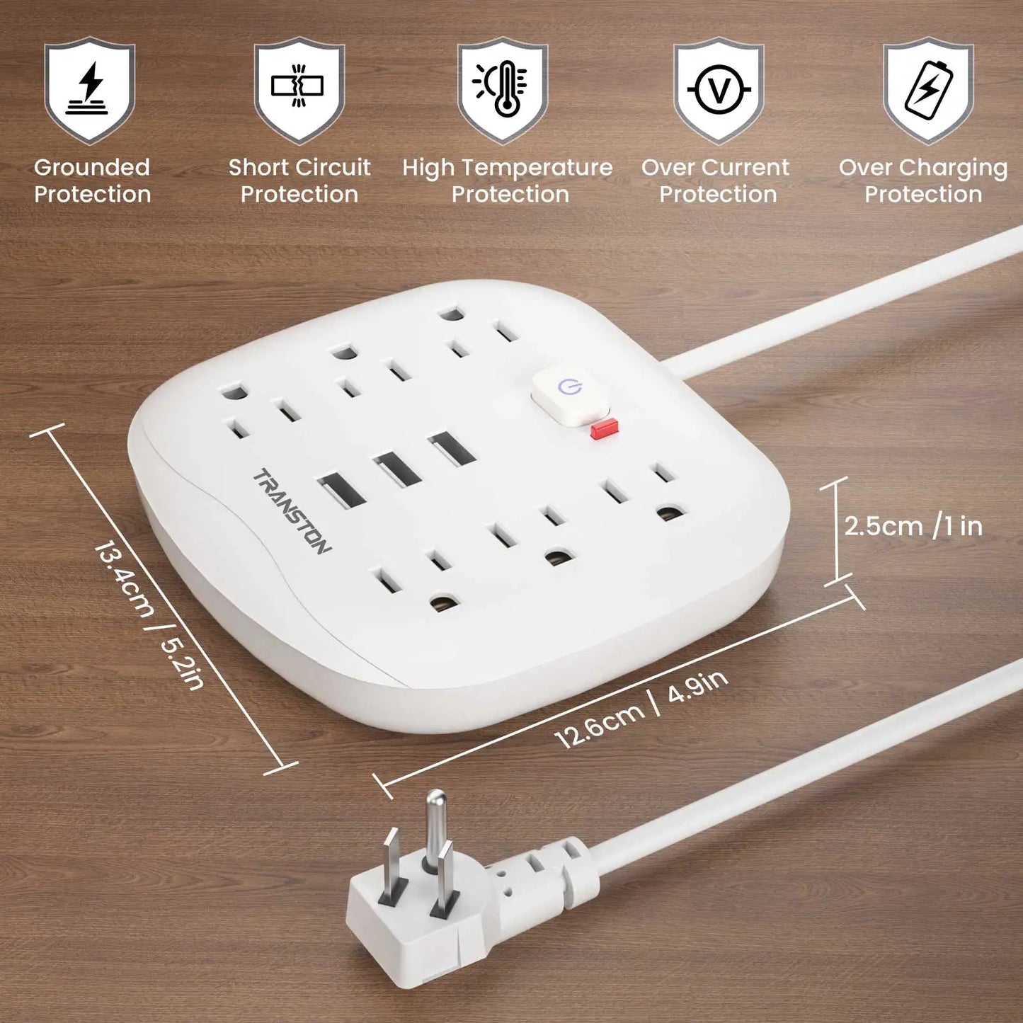 TRANSTON Power Outlet with Surge Protector – 6 Outlets & 3 USB Ports  Safe, Convenient, and Multi-Device Charging for Home & Office.