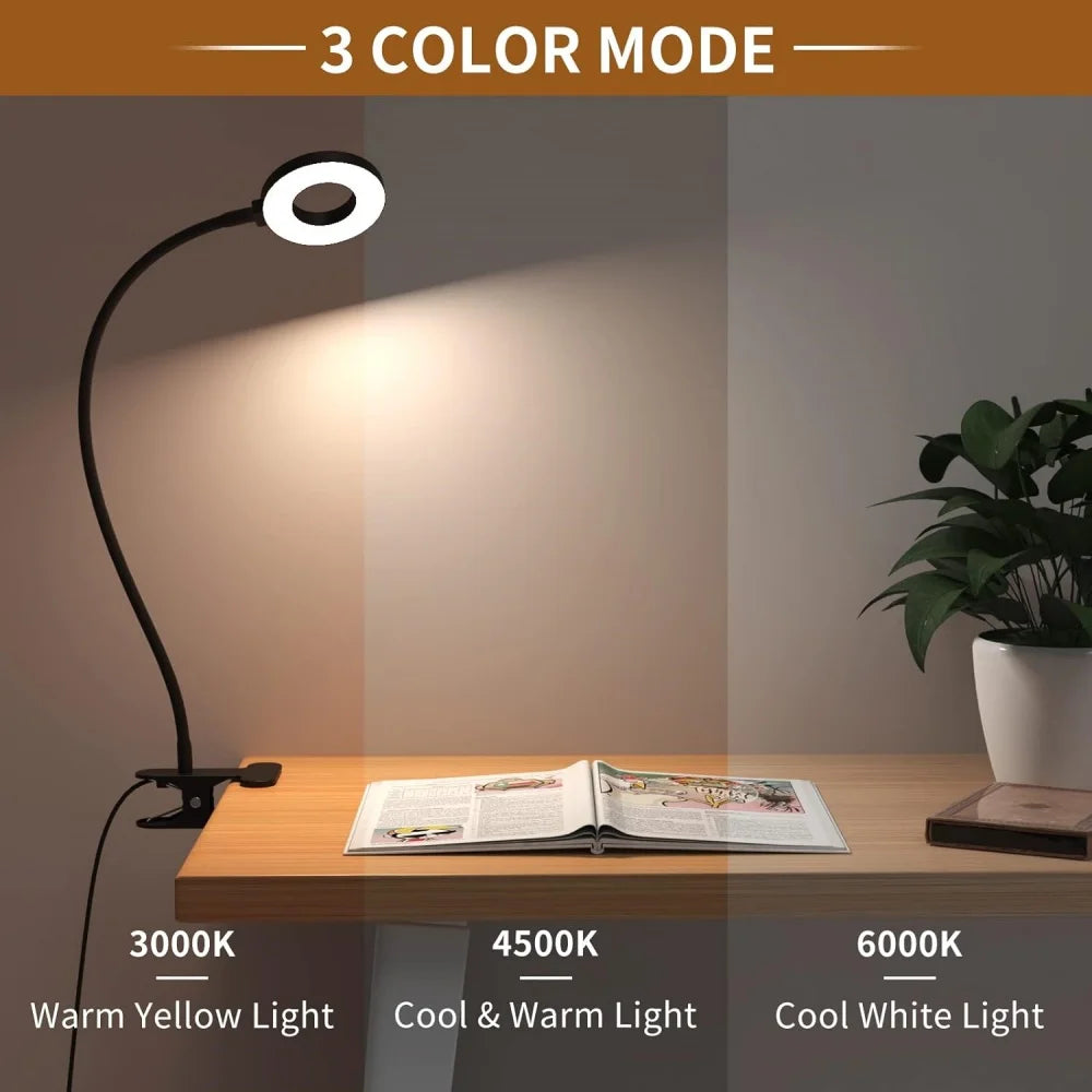LED Reading Light with Clamp – Flexible 3-Color Desk Lamp  Brighten Your Reading, Anytime, Anywhere.