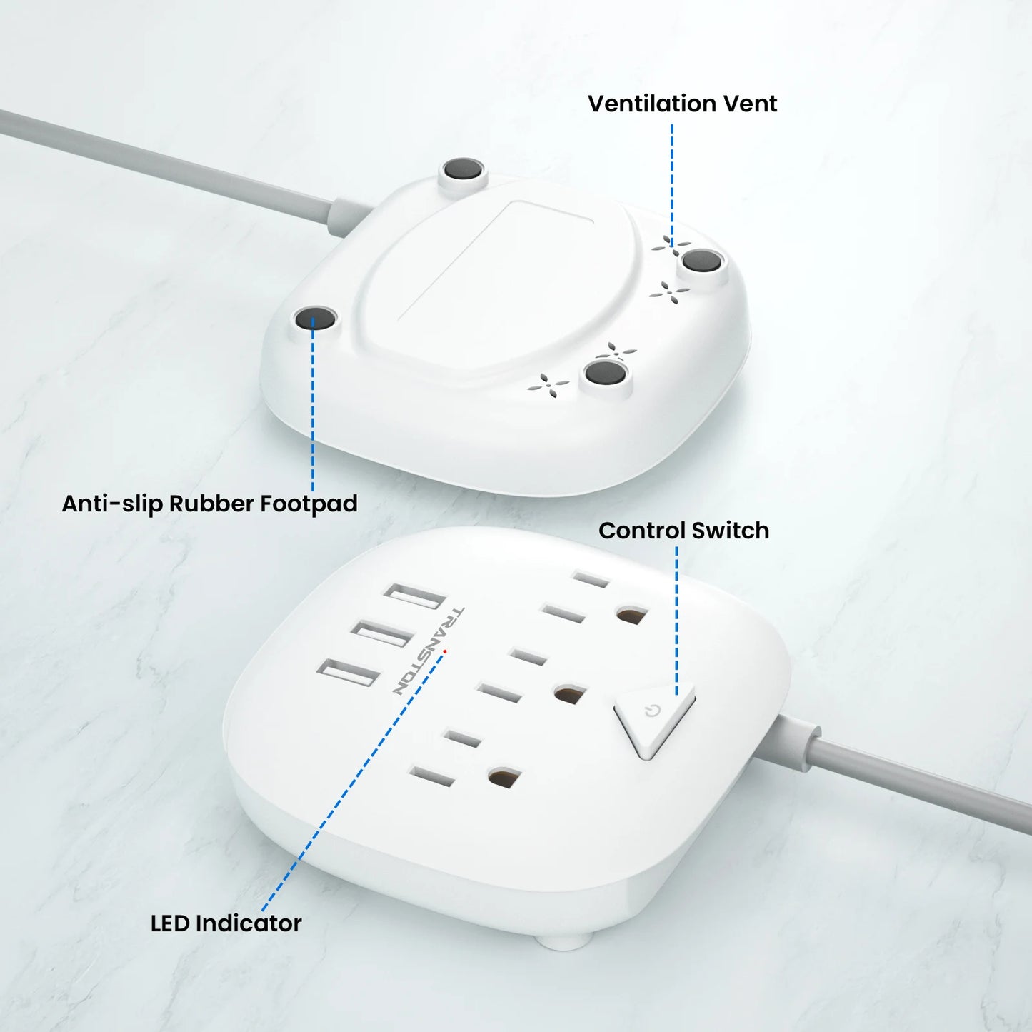 TRANSTON Power Strip with Switch – 3 Outlets & 3 USB Ports  Safe, Fast, and Convenient Power for Home & Office.