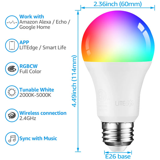 4-Pack Smart WiFi LED A19 Bulbs – RGBCW Color Changing