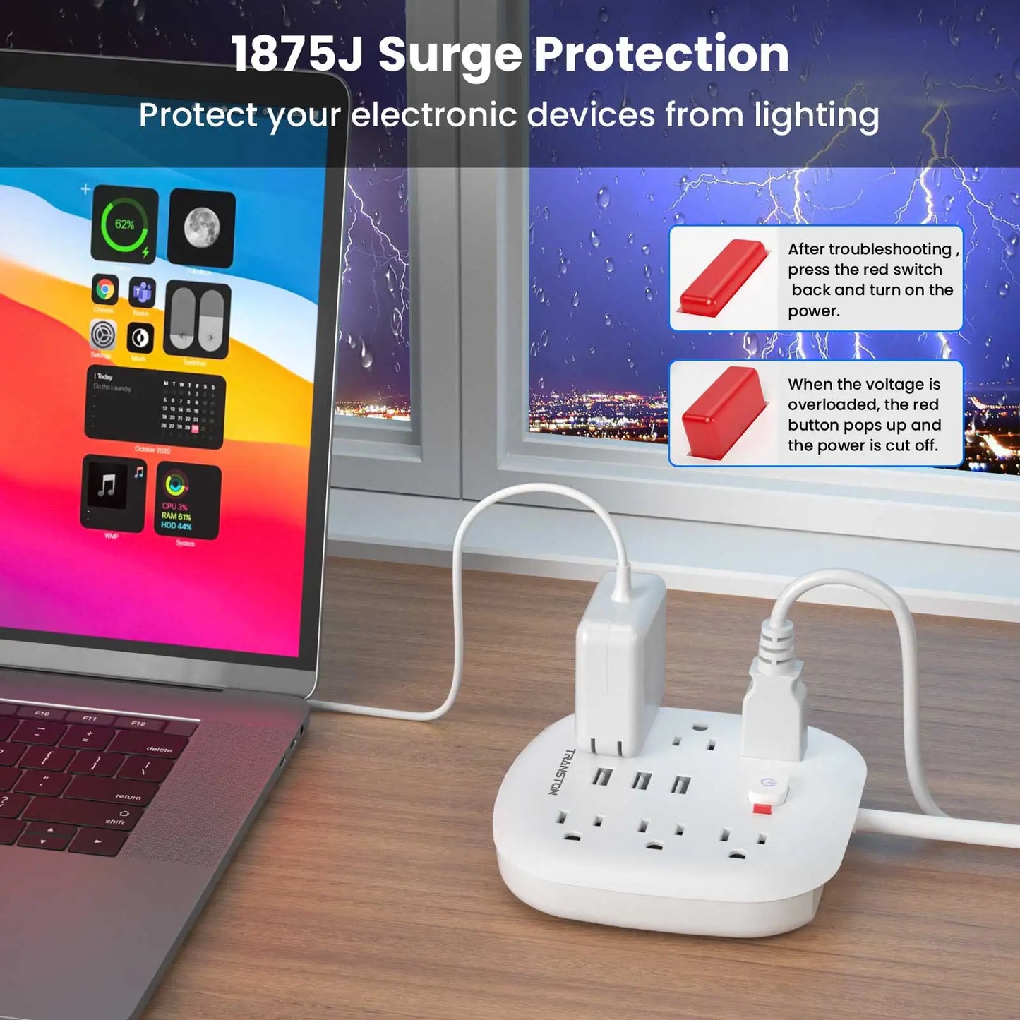 TRANSTON Power Outlet with Surge Protector – 6 Outlets & 3 USB Ports  Safe, Convenient, and Multi-Device Charging for Home & Office.