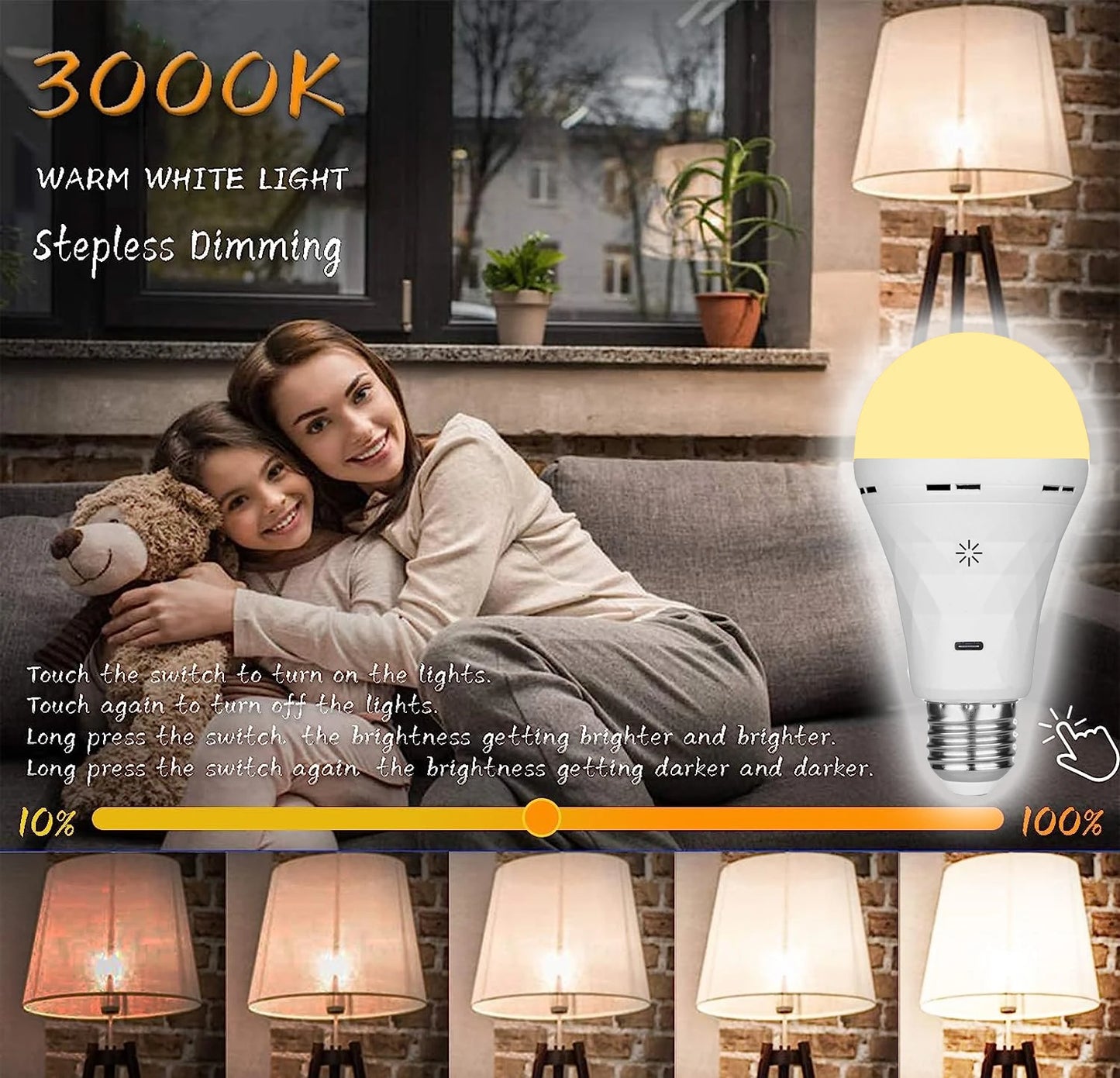 USB Rechargeable LED Bulb – E27 Touch & Dimmable Smart Light