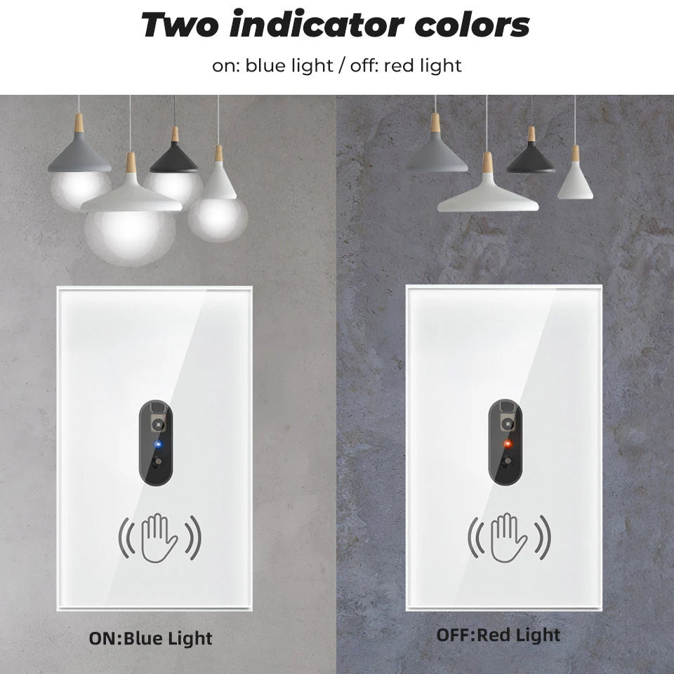 Smart Wall Light Switch – Hand Sweep Sensor with Glass Panel  Modern, Touch-Free, and Energy-Efficient Lighting Control.