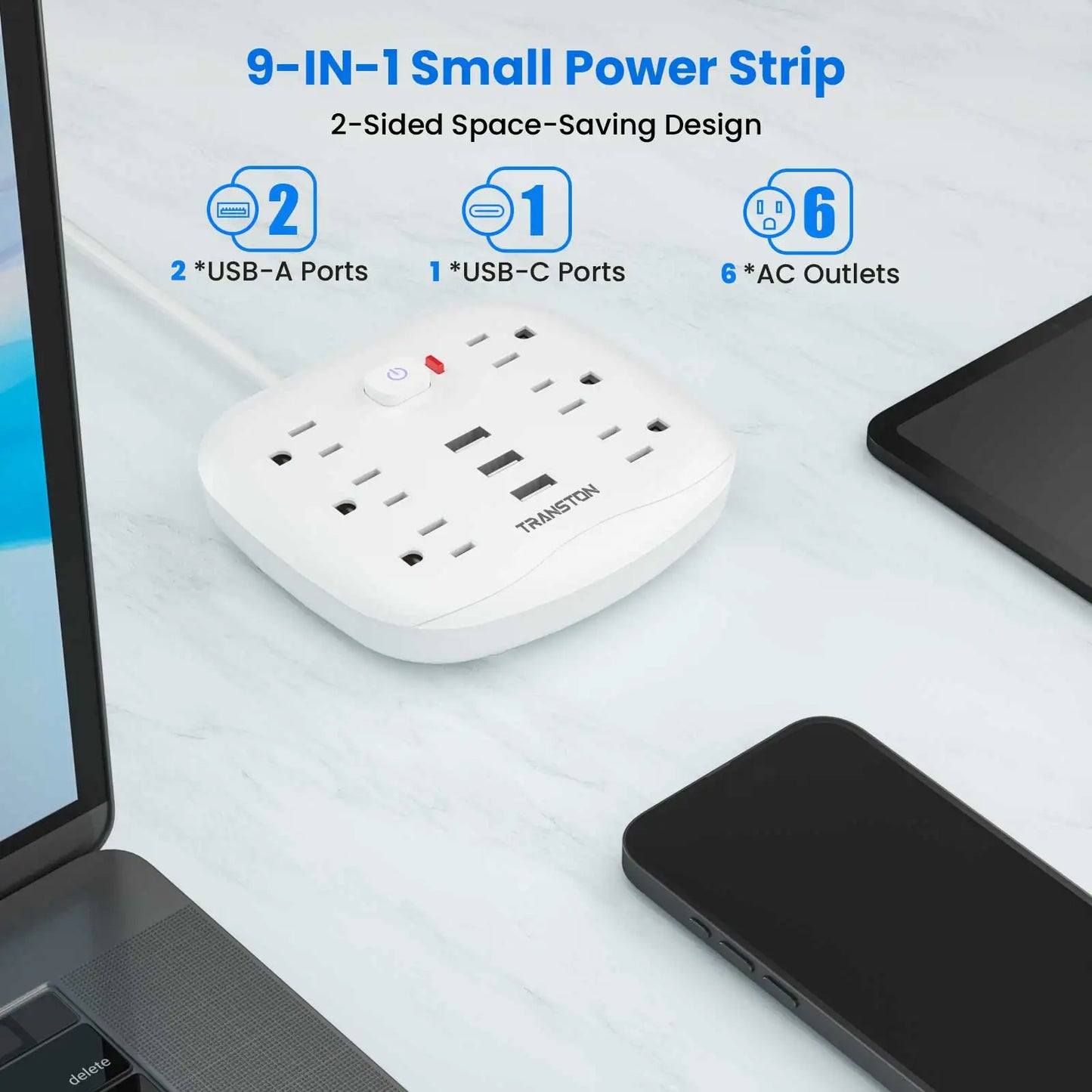 TRANSTON Power Outlet with Surge Protector – 6 Outlets & 3 USB Ports  Safe, Convenient, and Multi-Device Charging for Home & Office.
