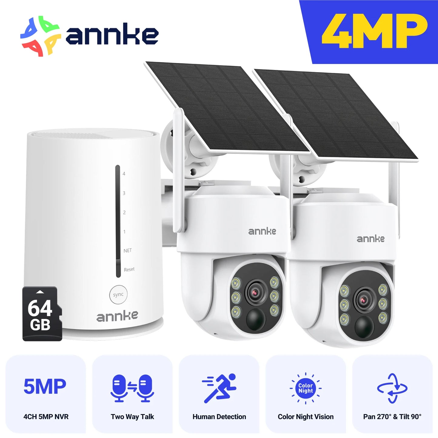 ANNKE 4MP Wireless Security Camera System – 4CH NVR with Solar PT Cameras