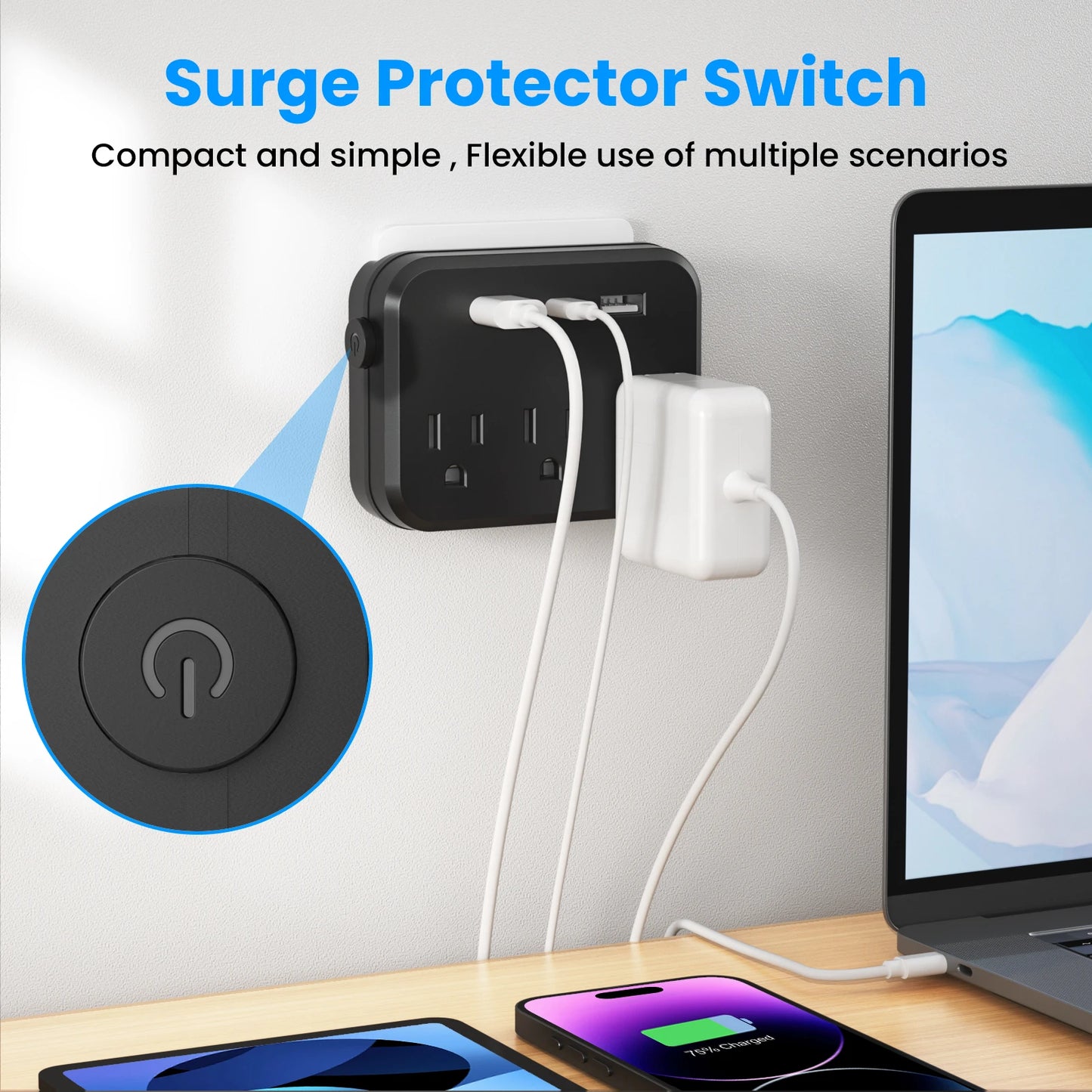 TRANSTON Mini Portable Power Strip – 6-in-1 with Surge Protector  Compact, Smart, and Multi-Device Charging for Home & Travel.