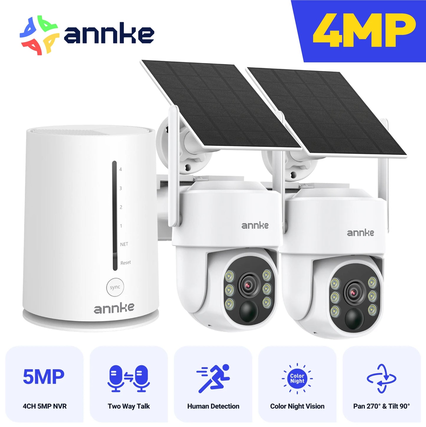 ANNKE 4MP Wireless Security Camera System – 4CH NVR with Solar PT Cameras