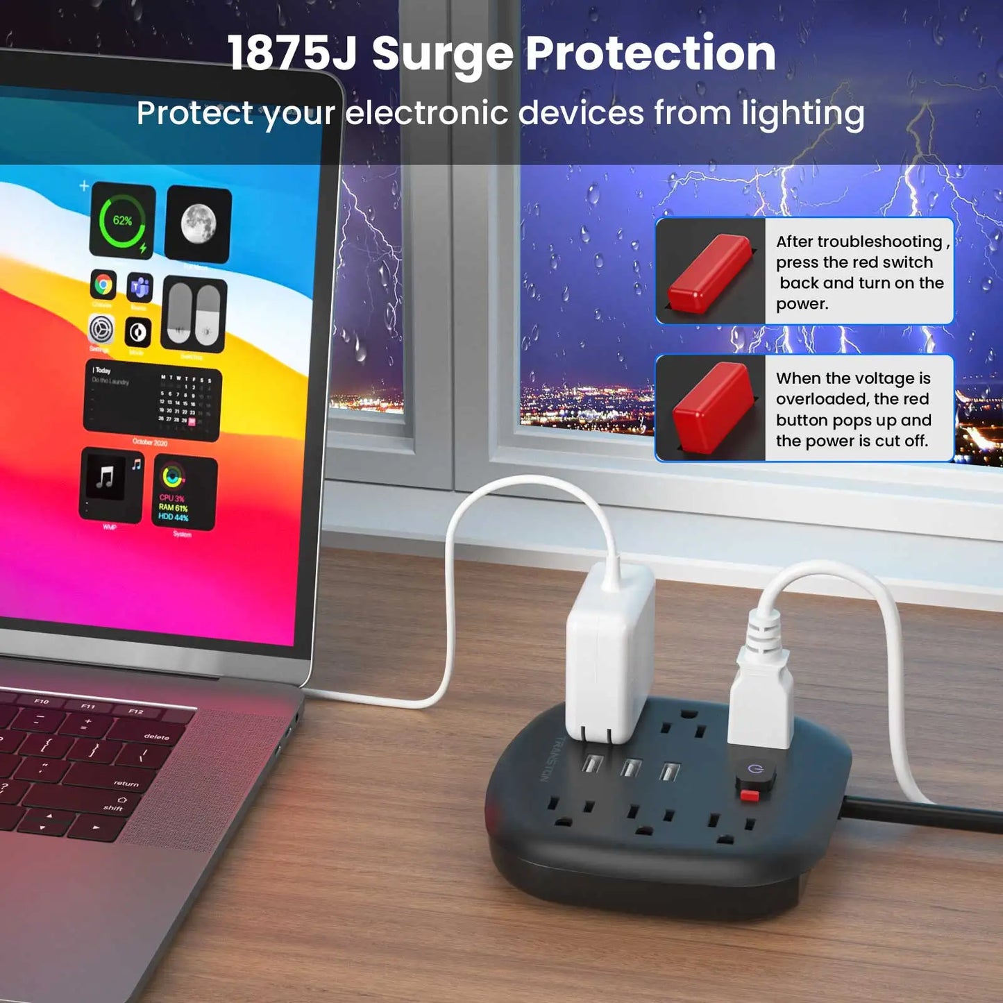 TRANSTON Power Strip with Surge Protector – 6 Outlets & 3 USB Ports
