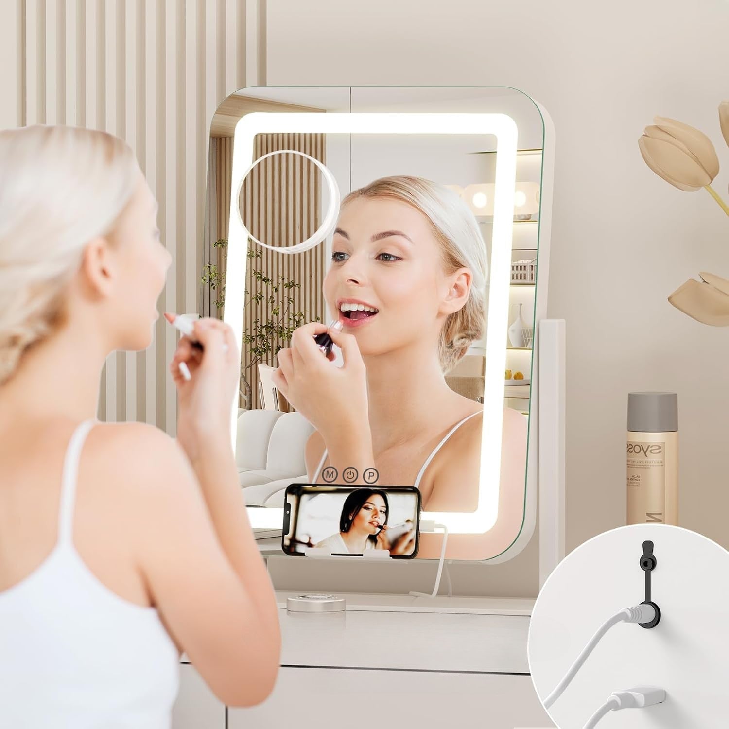 Smart Touch Control LED Lighted Makeup Mirror with 12V 2A USB Charging Port