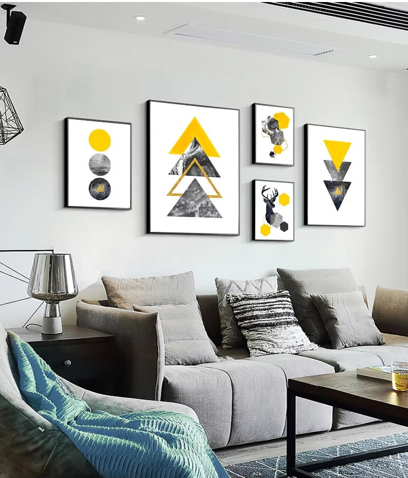 Abstract Grey Yellow Geometric Triangles Nordic Deer Wall Art