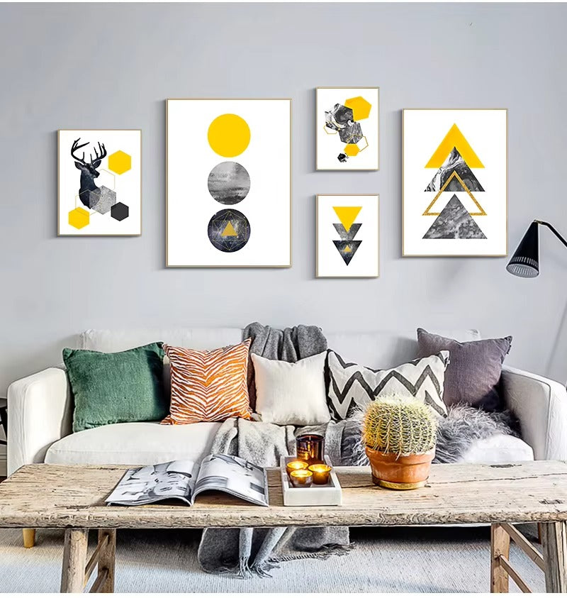 Abstract Grey Yellow Geometric Triangles Nordic Deer Wall Art