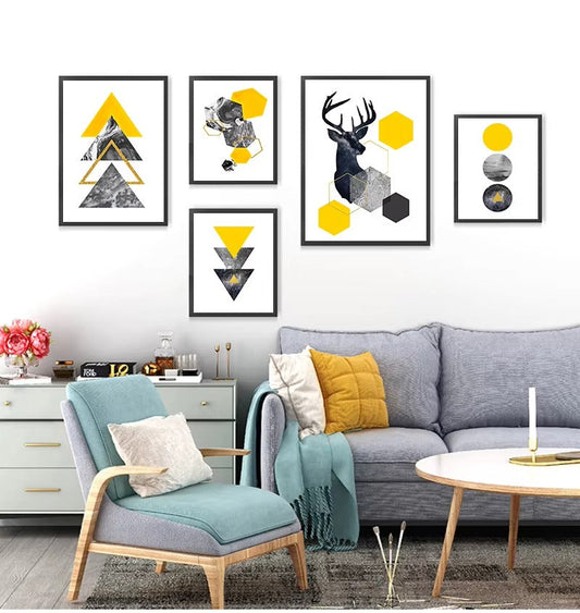 Abstract Grey Yellow Geometric Triangles Nordic Deer Wall Art